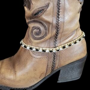 Western Cowboy Boots Jewelry Gold Chain Faux Diamond & Black Stones Southwestern